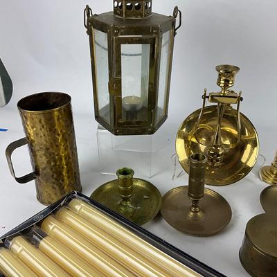 358 Large Lot of Brass Candlesticks, Lantern , Colonial Candles