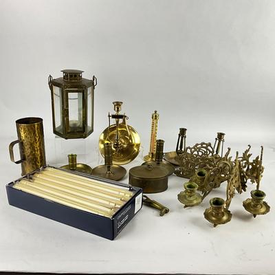 358 Large Lot of Brass Candlesticks, Lantern , Colonial Candles