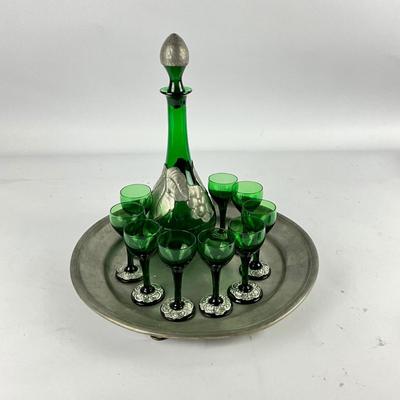 364 Vintage Pewter Green Glass Cordial Decanter Lot