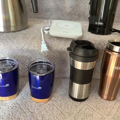 Coffee Lot- metal coffee pot, Mr. Coffee grinder, cup warmer, travel mugs