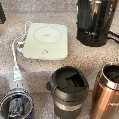 Coffee Lot- metal coffee pot, Mr. Coffee grinder, cup warmer, travel mugs