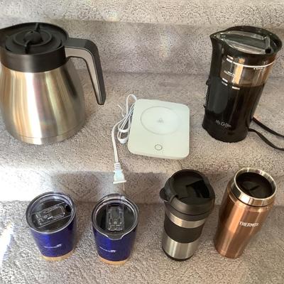 Coffee Lot- metal coffee pot, Mr. Coffee grinder, cup warmer, travel mugs