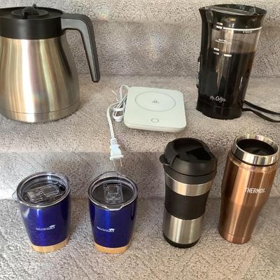 Coffee Lot- metal coffee pot, Mr. Coffee grinder, cup warmer, travel mugs