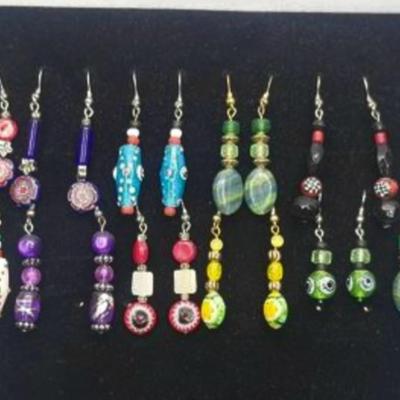 12 Pairs Handmade Art Glass Bead Earrings & Display Stand