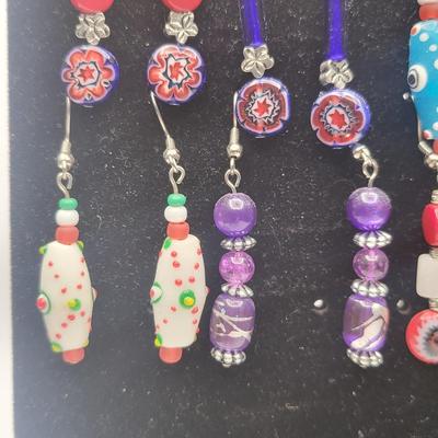 12 Pairs Handmade Art Glass Bead Earrings & Display Stand