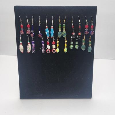 12 Pairs Handmade Art Glass Bead Earrings & Display Stand