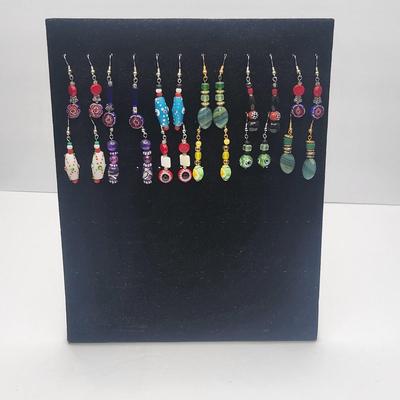 12 Pairs Handmade Art Glass Bead Earrings & Display Stand