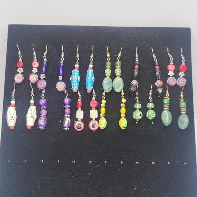 12 Pairs Handmade Art Glass Bead Earrings & Display Stand