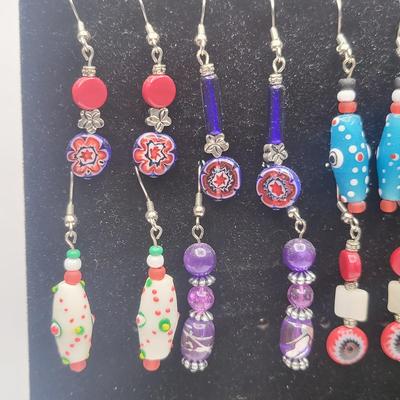 12 Pairs Handmade Art Glass Bead Earrings & Display Stand
