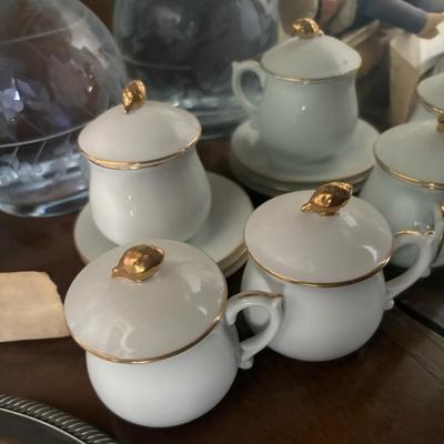 Lot 100 - JSC Shafford Bone China Pots De Creme-- 3 Cups, Lids & Small Plates