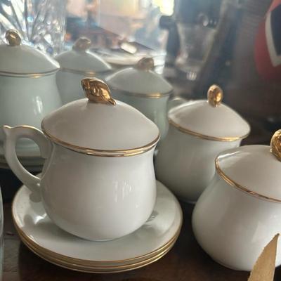 Lot 100 - JSC Shafford Bone China Pots De Creme-- 3 Cups, Lids & Small Plates