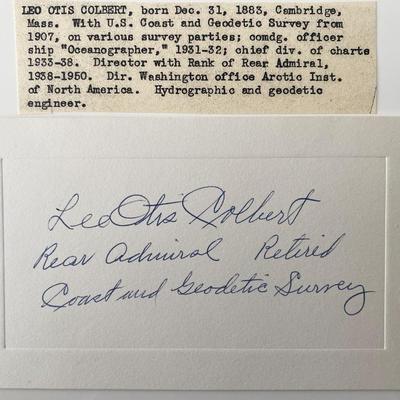 Rear Admiral Lee Otis Colbert signed note with bio