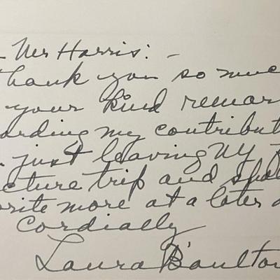 Ethnomusicologist Laura Boulton signed note and bio