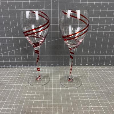 Hand Blown Wine Glass with Red Ribbon Twirl on 