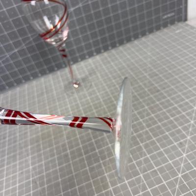 Hand Blown Wine Glass with Red Ribbon Twirl on 