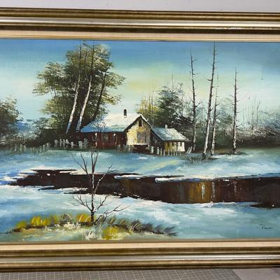 Oil on Canvas House by the Pond Signed Pierre 