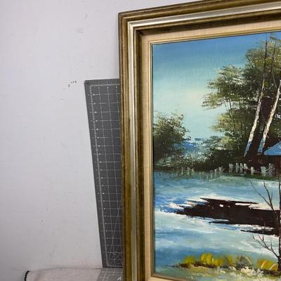 Oil on Canvas House by the Pond Signed Pierre 