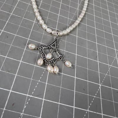 White Pearl  Necklace with Sterling and Pearl Pendant