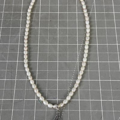 White Pearl  Necklace with Sterling and Pearl Pendant