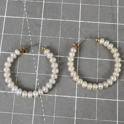 Pearl and 14 k Gold Hoop Earrings 