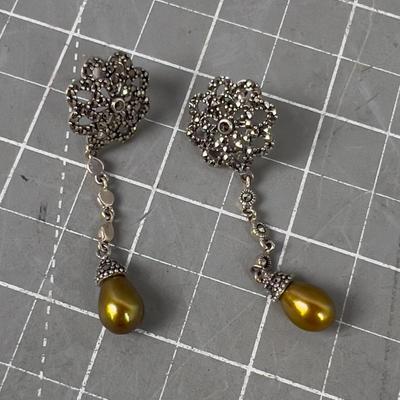 Silver and Gold Tone Pearl Teardrop Earrings 