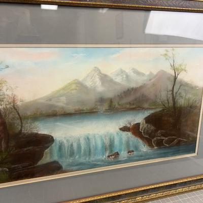 Original Pastel Framed and Matted under Glass, Mountain Waterfall 