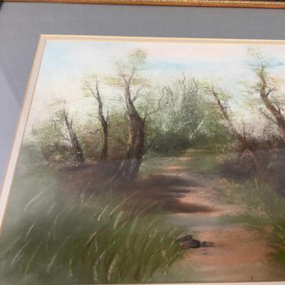 Original Pastel Framed and Matted under Glass, Mountain Waterfall 