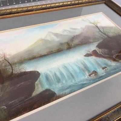 Original Pastel Framed and Matted under Glass, Mountain Waterfall 