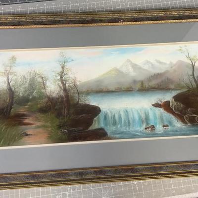 Original Pastel Framed and Matted under Glass, Mountain Waterfall 