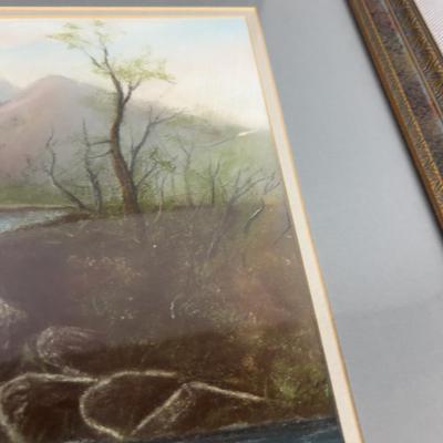 Original Pastel Framed and Matted under Glass, Mountain Waterfall 
