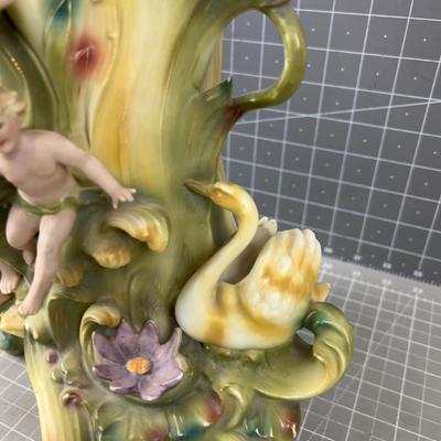 Green, Saxony Art Nouveau Vase Cherub and Swans 