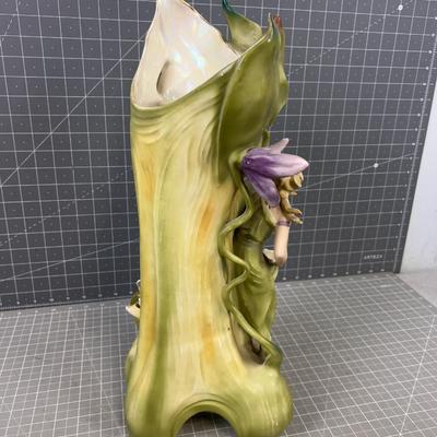Green, Saxony Art Nouveau Vase Cherub and Swans 