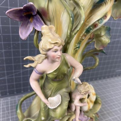 Green, Saxony Art Nouveau Vase Cherub and Swans 