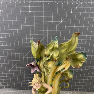 Green, Saxony Art Nouveau Vase Cherub and Swans 
