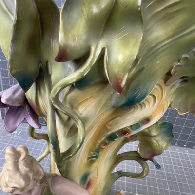 Green, Saxony Art Nouveau Vase Cherub and Swans 