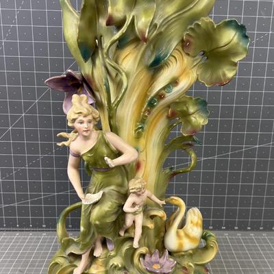 Green, Saxony Art Nouveau Vase Cherub and Swans 