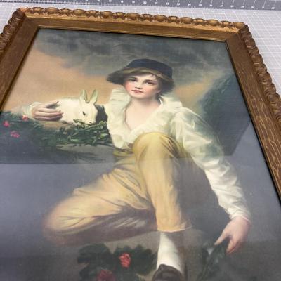 Antique Print Young Boy with Rabbit 