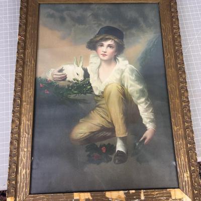 Antique Print Young Boy with Rabbit 