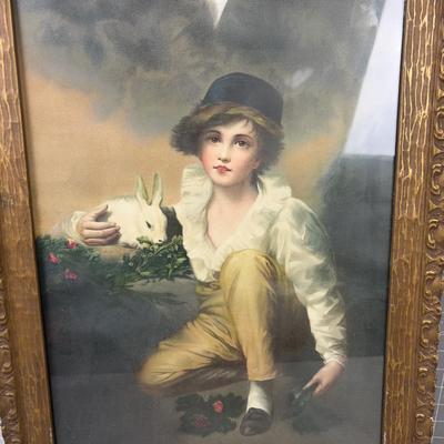 Antique Print Young Boy with Rabbit 