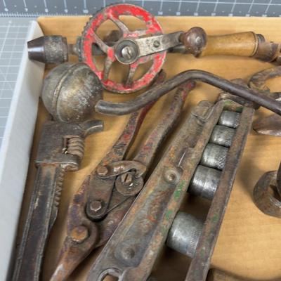 Tray full of Tools: Nail Pullers, Ford Wrench and Drill
