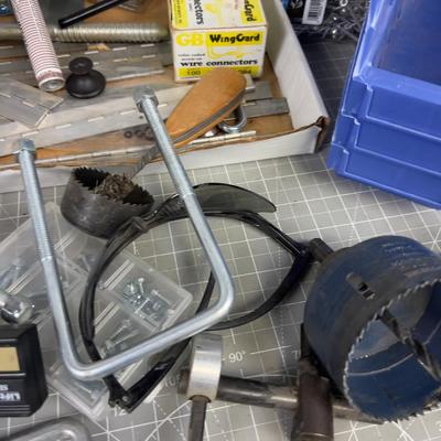 Big Pile of Hardware and other Garage Items; Hole Saws, Bins,etc