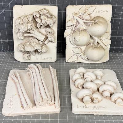 4 Resin Plaques of Vegetables Asparagus, Broccoli, Mushrooms 
