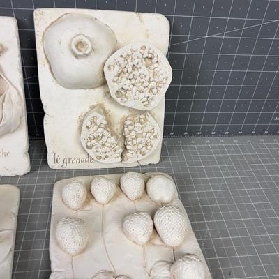 4 Resin Plaques of Fruit: Peach, Lemon, Strawberry & Pomegranate