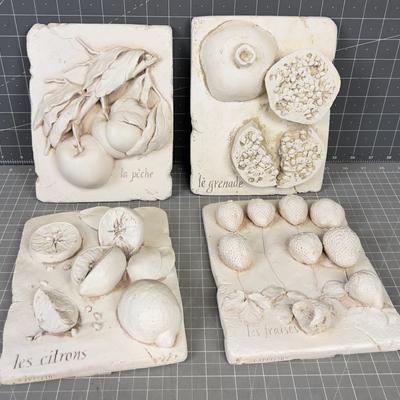 4 Resin Plaques of Fruit: Peach, Lemon, Strawberry & Pomegranate