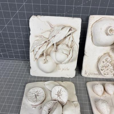4 Resin Plaques of Fruit: Peach, Lemon, Strawberry & Pomegranate