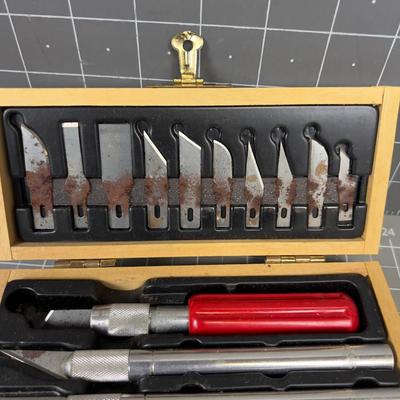 Exacto Knife Set in Wood Case. 
