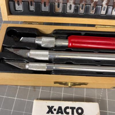 Exacto Knife Set in Wood Case. 