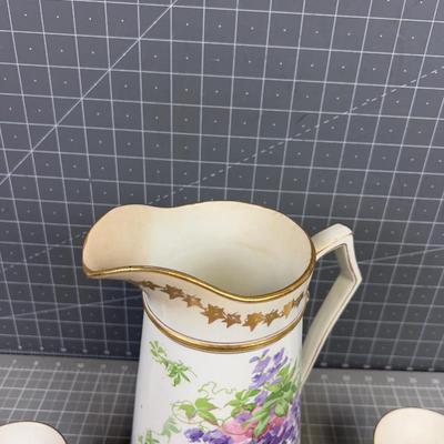 Pitcher with 4 Cups Circa 1920's Purple Flower 