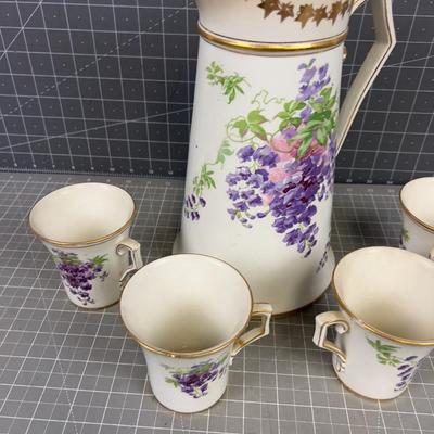 Pitcher with 4 Cups Circa 1920's Purple Flower 