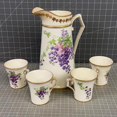 Pitcher with 4 Cups Circa 1920's Purple Flower 